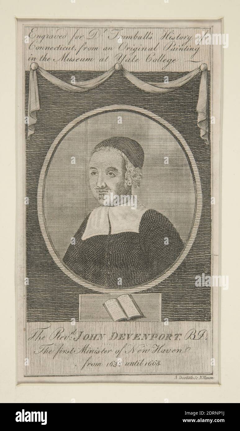 Engraver: Amos Doolittle, American, 1754–1832, The Rev.d John Davenport, B.D., The First Minister of New Haven, from 1638 until 1668, ca. 1797, Line engraving, black and white, sheet: 21 × 12.5 cm (8 1/4 × 4 15/16 in.), Made in United States, Depicted New Haven, Connecticut, Related place New Haven, Connecticut, American, 18th century, Works on Paper - Prints Stock Photo
