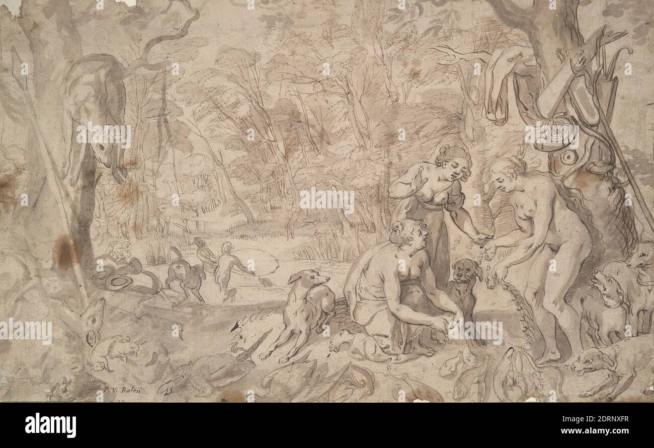 After: Hendrick van Balen I, Flemish, 1575–1632, Nymphs in the Wood, Pen and brown ink and brown-gray wash over sketch in pencil, traced for transfer, Sheet: 23.9 × 38.9 cm (9 7/16 × 15 5/16 in.), Made in Flanders, Flemish, 17th century, Works on Paper - Drawings and Watercolors Stock Photo