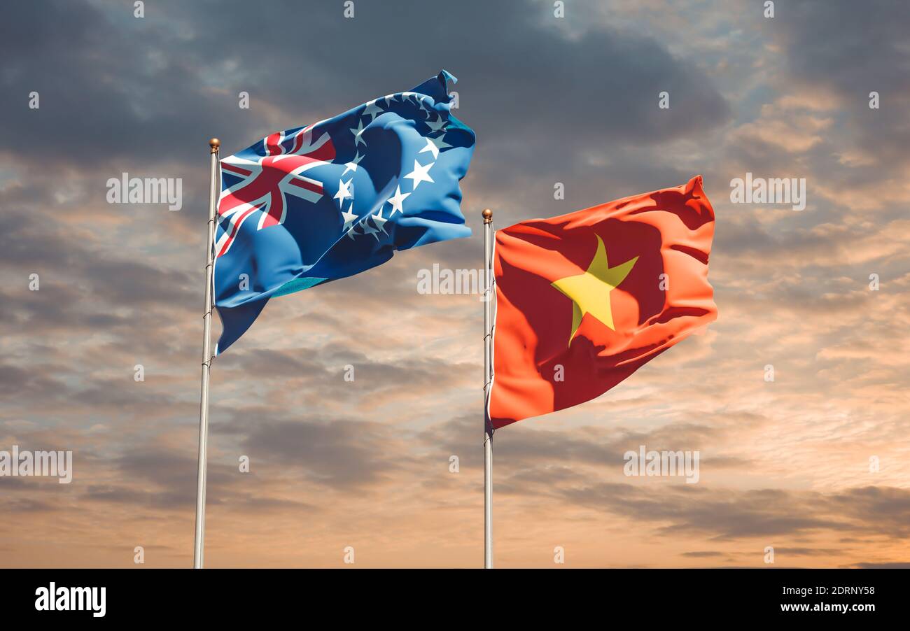 Flags of Vietnam and Cook Island. 3D artwork Stock Photo