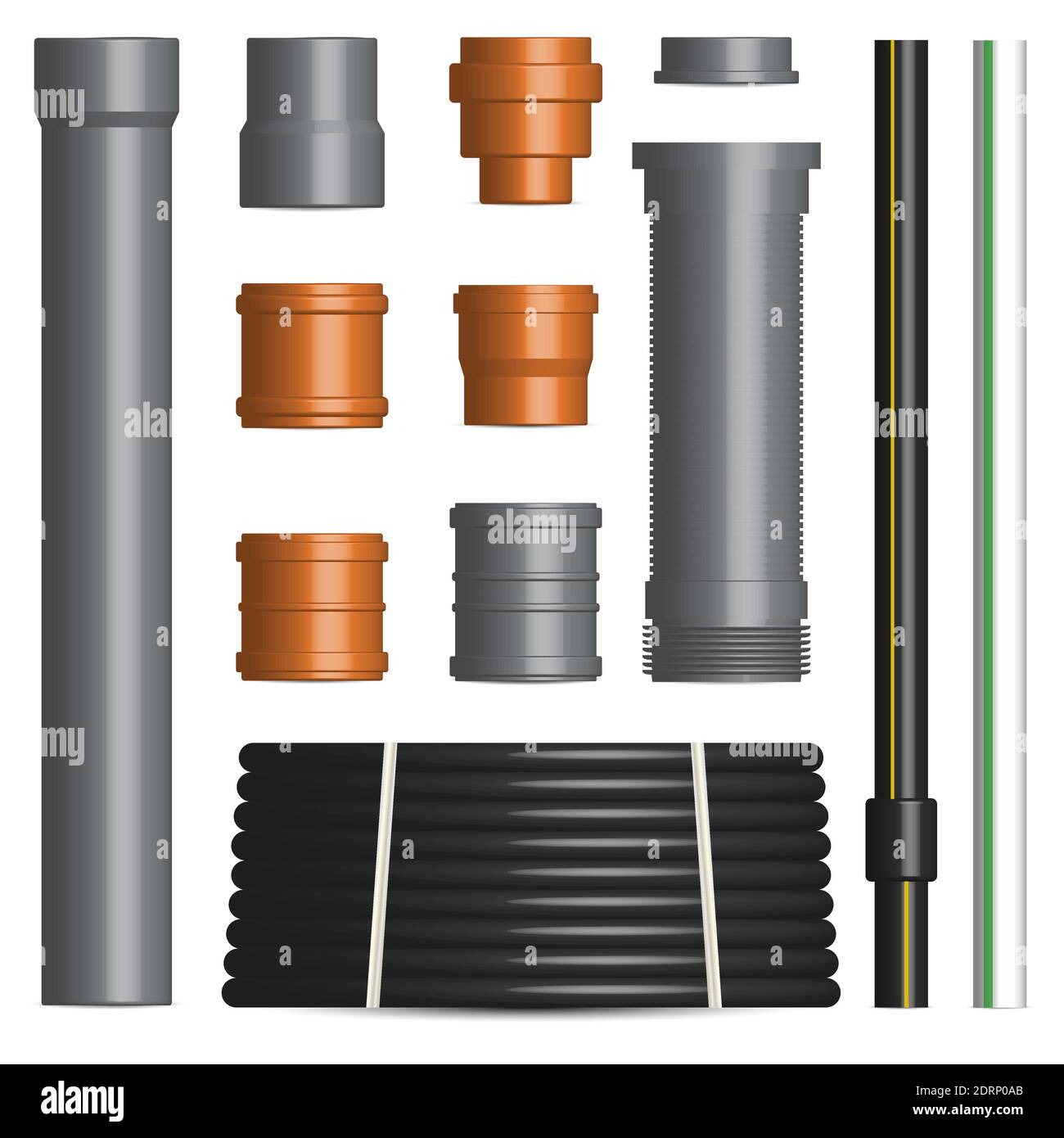 Set of various plastic pipes for sewage, water pipe with connecting flanges isolated on a white