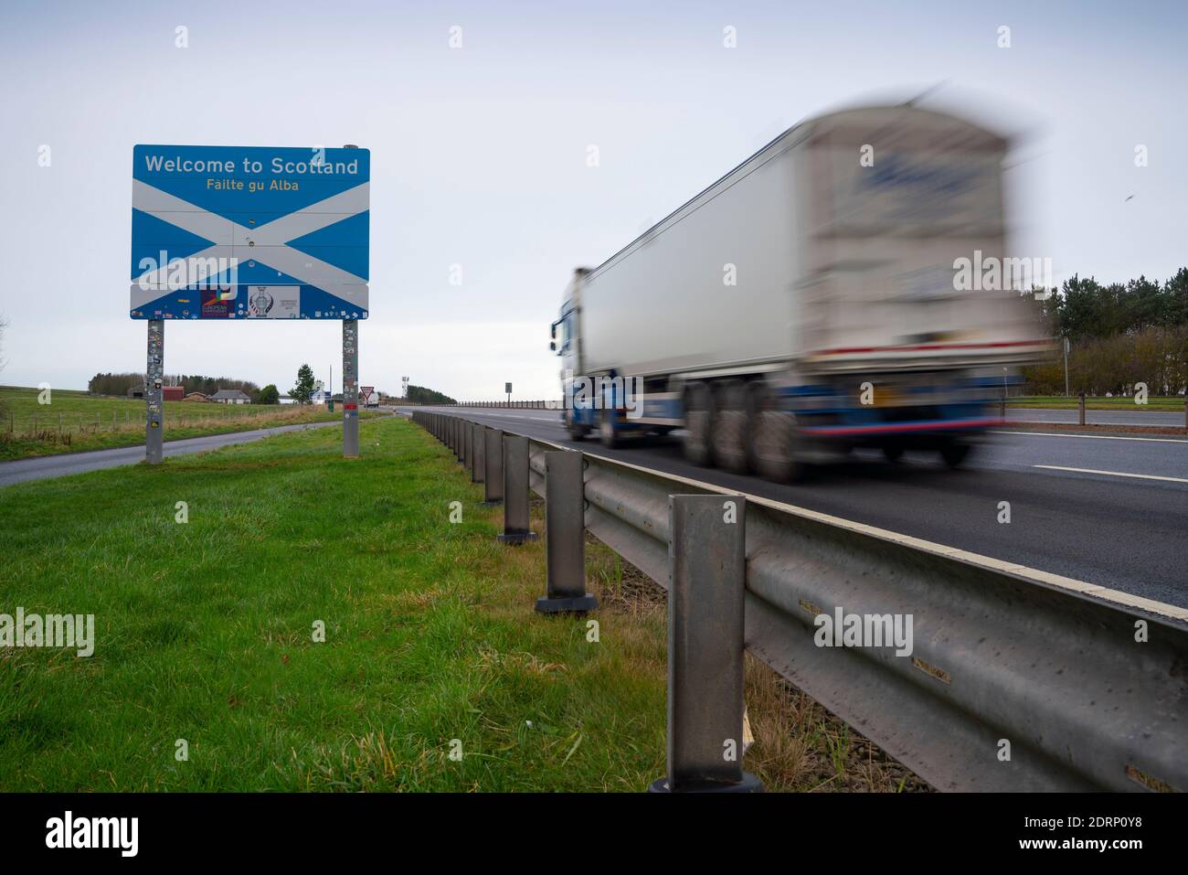 Lamberton, Scotland, UK. 21 December 2020. Border between Scotland and England on the A1 north of Berwick upon Tweed very quiet with few motorists, however frequent police patrols are evident. Iain Masterton/Alamy Live News Stock Photo