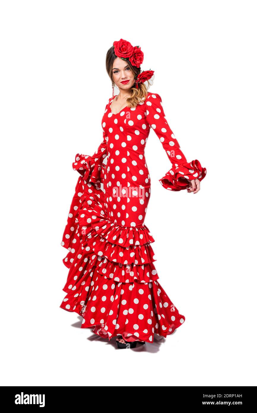 Portrait Of Woman In Red Dress Dancing Against White Background Stock ...