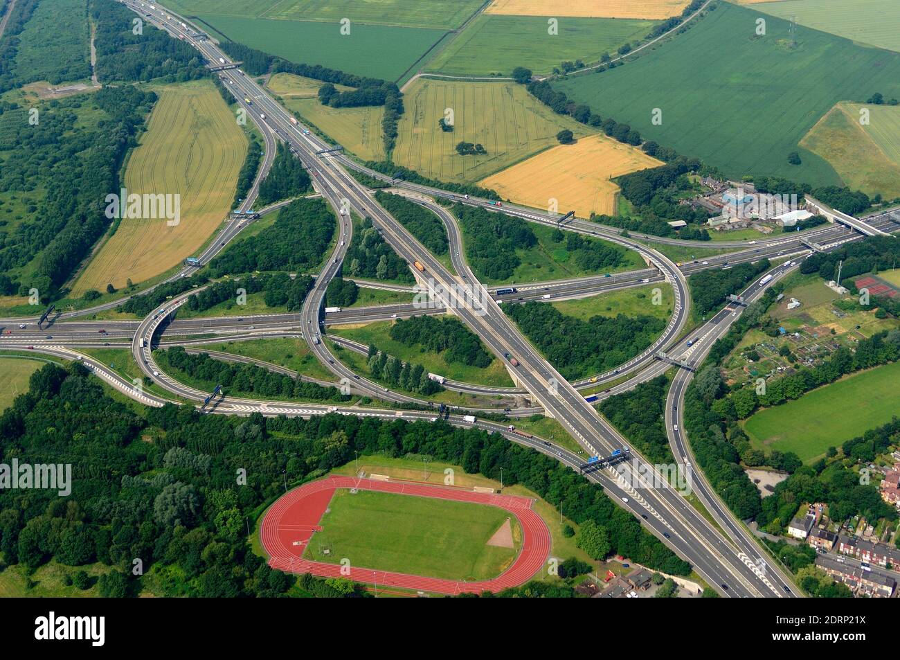 Manchester: Worsley Braided Interchange M62 - M602 - M60 Aerial View Stock Photo