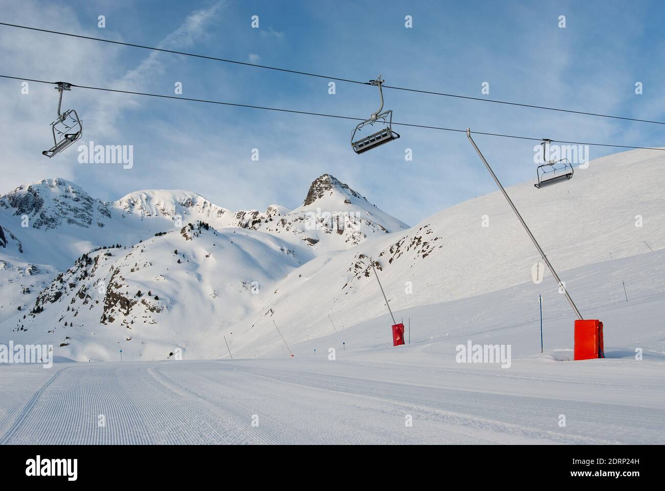 Skilift and general view of a Spanish ski resort. Stock Photo