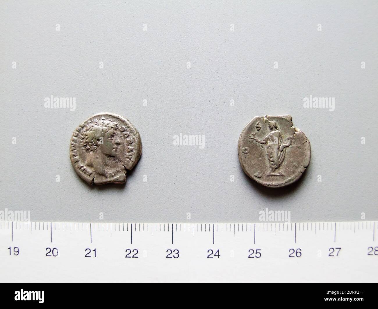 Ruler: Marcus Aurelius, Emperor of Rome, A.D. 121–180, ruled  A.D. 161–80, Ruler: Antoninus Pius, Emperor of Rome, A.D. 86–161, ruled A.D. 138–161, Mint: Rome, Denarius of Marcus Aurelius, Emperor of Rome; Antoninus Pius, Emperor of Rome from Rome, 145–47, Silver, 3.36 g, 6:00, 18.30 mm, Made in Rome, Italy, Roman, 2nd century, Numismatics Stock Photo