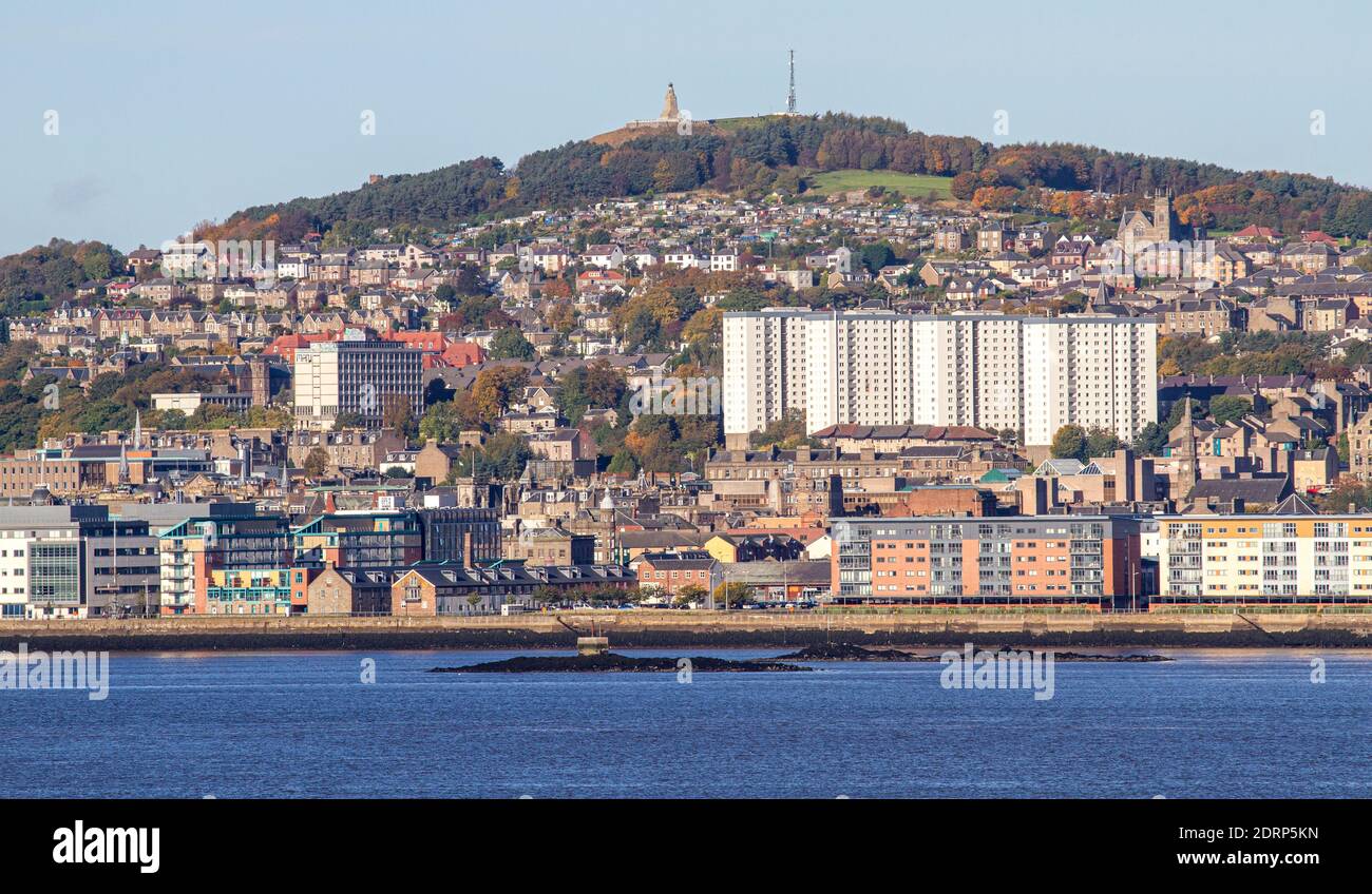 A landscape view of Dundee city and the riverside midway through the
