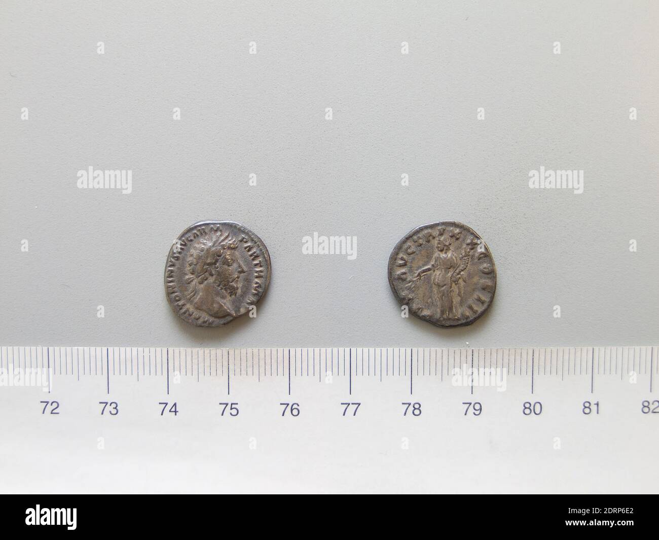 Ruler: Marcus Aurelius, Emperor of Rome, A.D. 121–180, ruled  A.D. 161–80, Mint: Rome, Denarius of Marcus Aurelius, Emperor of Rome from Rome, 165–66, Silver, 3.47 g, 6:00, 18.30 mm, Made in Rome, Italy, Roman, 2nd century, Numismatics Stock Photo