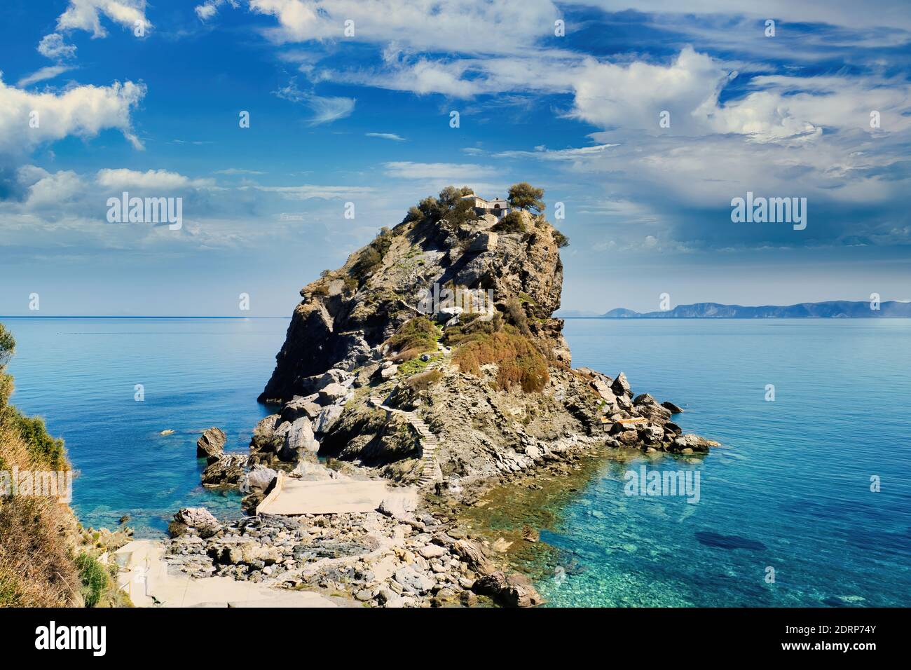 Skopelos island, Greece, the small church of Agios Ioannis, built on a rock  Stock Photo - Alamy