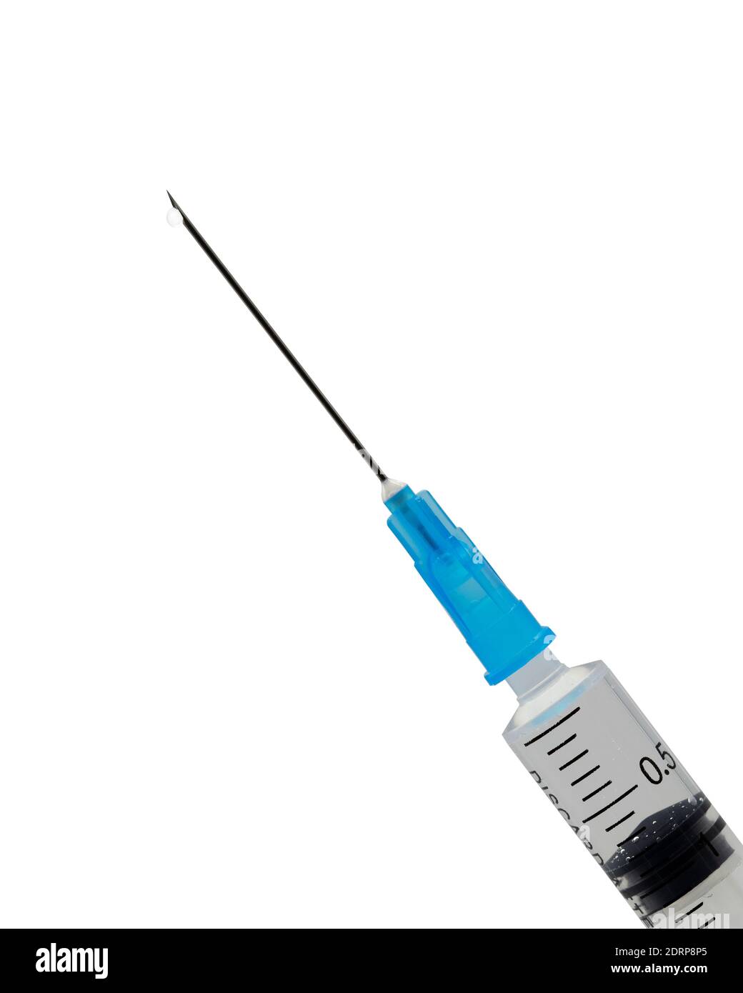 Medical syringe with injection solution on white background. Syringe with vaccination. Stock Photo
