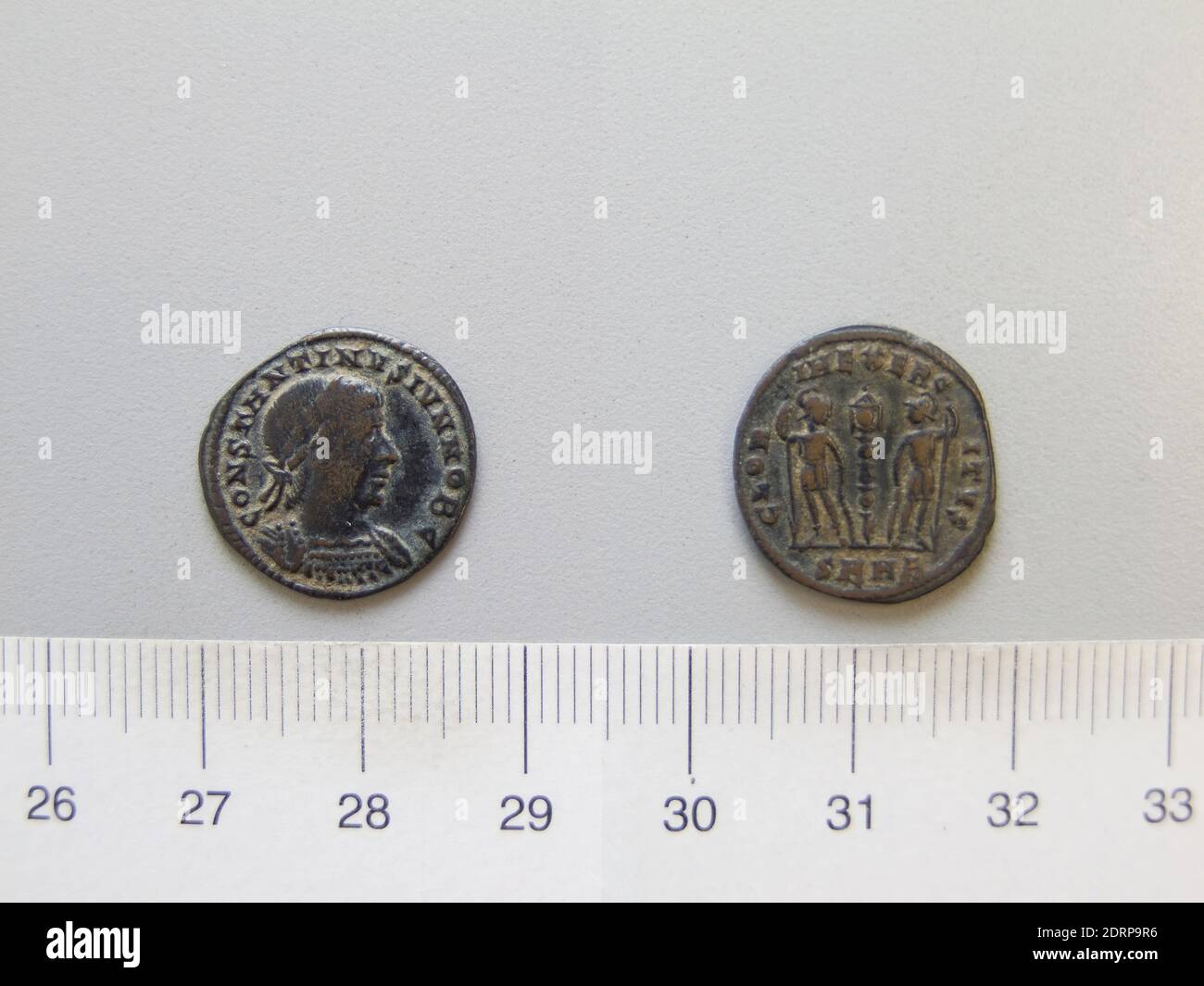 Ruler: Constantine I, Emperor of Rome, A.D. 285–337, ruled A.D. 306–337, Mint: Heraclea, Honorand: Constantine II, Emperor of Rome, A.D. 316–340, 1 Nummus of Constantine I, Emperor of Rome from Heraclea, 335–37, Argentiferous bronze, 1.49 g, 11:00, 17.1 mm, Made in Heraclea, Lucania, Roman, 4th century, Numismatics Stock Photo