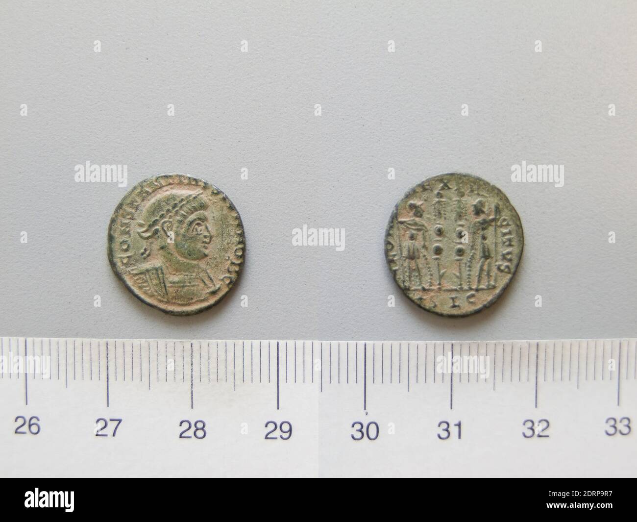 Ruler: Constantine I, Emperor of Rome, A.D. 285–337, ruled A.D. 306–337, Mint: Siscia, Honorand: Constantine II, Emperor of Rome, A.D. 316–340, 1 Nummus of Constantine I, Emperor of Rome from Siscia, 335–37, Argentiferous bronze, 1.97 g, 2:00, 16.6 mm, Made in Siscia, Pannonia, Roman, 4th century, Numismatics Stock Photo