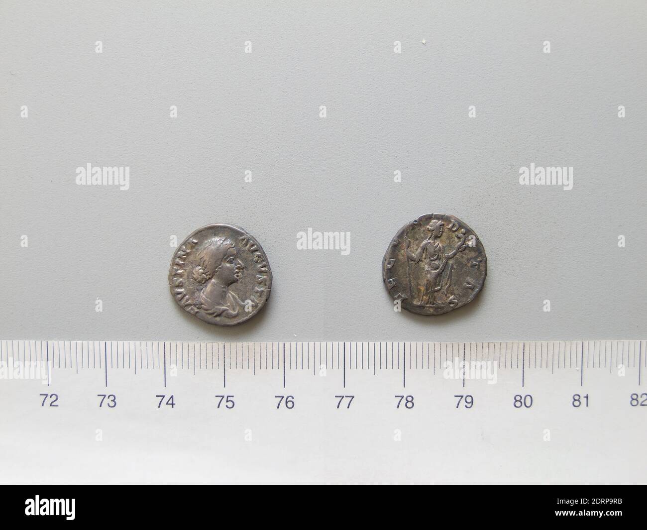Ruler: Marcus Aurelius, Emperor of Rome, A.D. 121–180, ruled  A.D. 161–80, Mint: Rome, Honorand: Faustina II, Empress consort of Marcus Aurelius, Roman, ca. 125–176, Denarius of Marcus Aurelius, Emperor of Rome from Rome, 161–76, Silver, 2.82 g, 11:00, 17.5 mm, Made in Rome, Italy, Roman, 2nd century, Numismatics Stock Photo