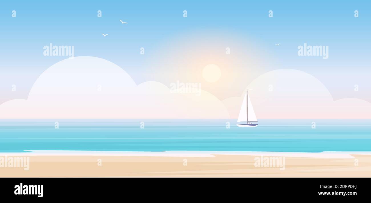 Beach landscape vector illustration. Cartoon seascape scenery with beachside view, blue sea or ocean water waves, yacht sailboat and shining sun in sky, ship boat cruise summer adventure background Stock Vector