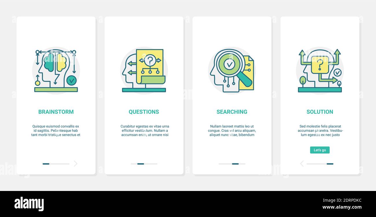 Human brain in process of searching, asking questions vector illustration. UX, UI onboarding mobile app page screen set with line brainstorm solution symbols, mental work and search on problem solving Stock Vector