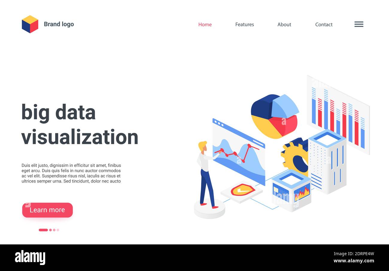Landing page interface 3d design, cartoon financial analyst character working on research finance statistics, analyzing business graphs and data charts. Isometric big data analysis vector illustration Stock Vector