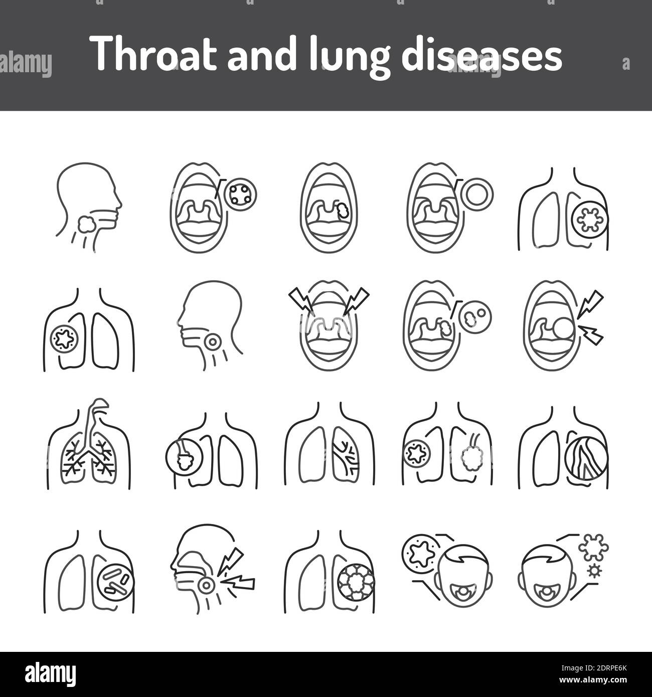 Throat and lung diseases color line icons set. Pictograms for web page, mobile app, promo. Stock Vector