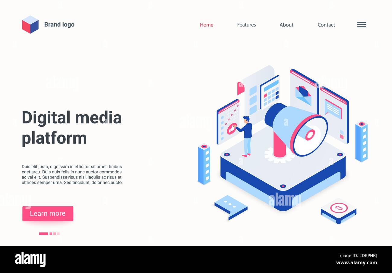 Digital media platform isometric vector illustration. Broadcasting and communication. Audio file live streaming. Virtual library for music content. Advertisement cartoon conceptual design element Stock Vector