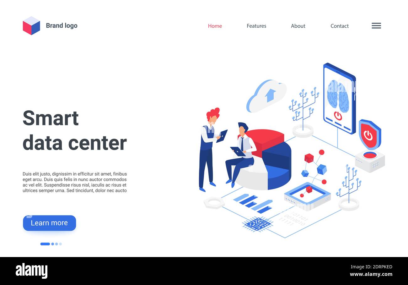 Cartoon website design, landing page with 3d tiny user people and artificial brain intelligence on virtual screen working together, database support. Isometric smart data center vector illustration Stock Vector