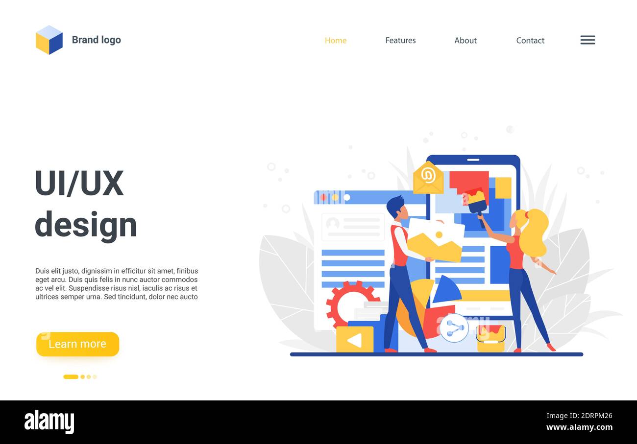 Website landing page design with cartoon flat tiny people creators team, designer characters create, construct mobile application, wireframe development. Ui ux design app creation vector illustration Stock Vector