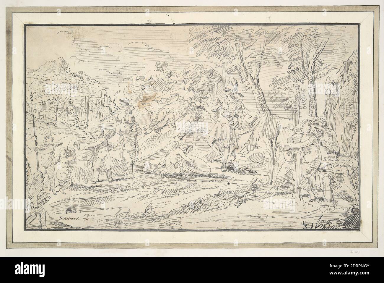 After possibly: Francois Boitard, French, 1670–ca. 1715, Venus Admonishing Achilles, Pen and black and grey ink, Image: 18.6 × 30.5 cm (7 5/16 × 12in.), Made in France, French, 18th century, Works on Paper - Drawings and Watercolors Stock Photo