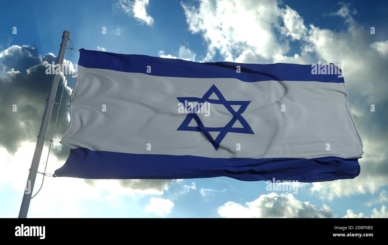 Israel flag waving in the wind against deep blue sky. National theme ...
