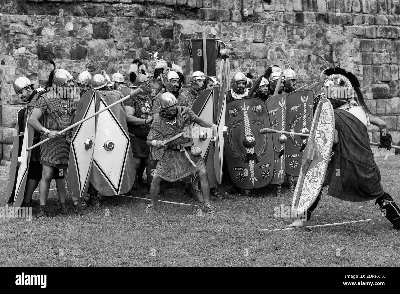 MERIDA, SPAIN - Sep 27, 2014: Several people dressed in the costume of ancient Celtic warrior in first century, participates in historical reenactment Stock Photo