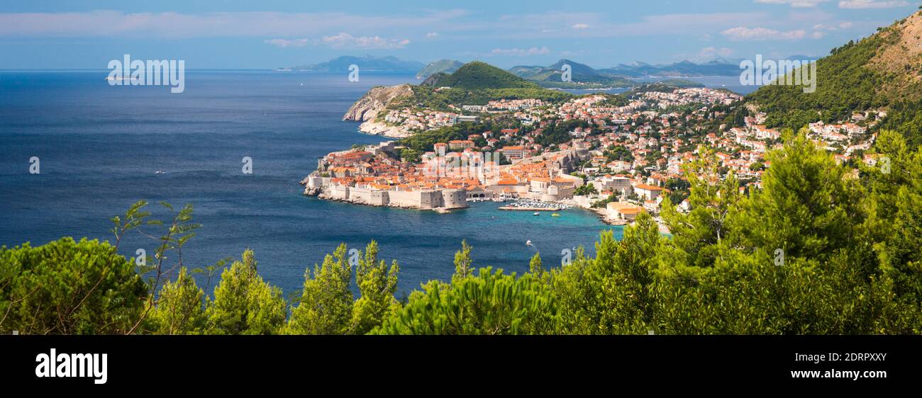 Dubrovnik, Dubrovnik-Neretva, Croatia. Panoramic view over the Old Town from hillside above the Adriatic Sea. Stock Photo