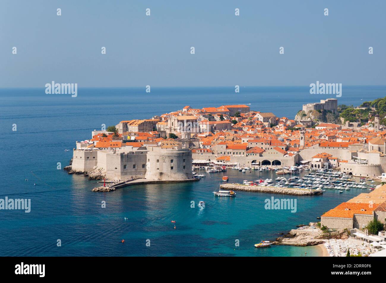 Dubrovnik, Dubrovnik-Neretva, Croatia. View over the Old Town from hillside above the Adriatic Sea. Stock Photo