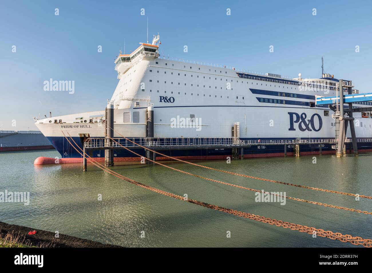 ROTTERDAM EUROPOORT, THE NETHERLANDS - FEBRUARY 29, 2016: The ferry Pride of Hull of P&O North Sea Ferries is chained at the quay in Rotterdam Europoo Stock Photo
