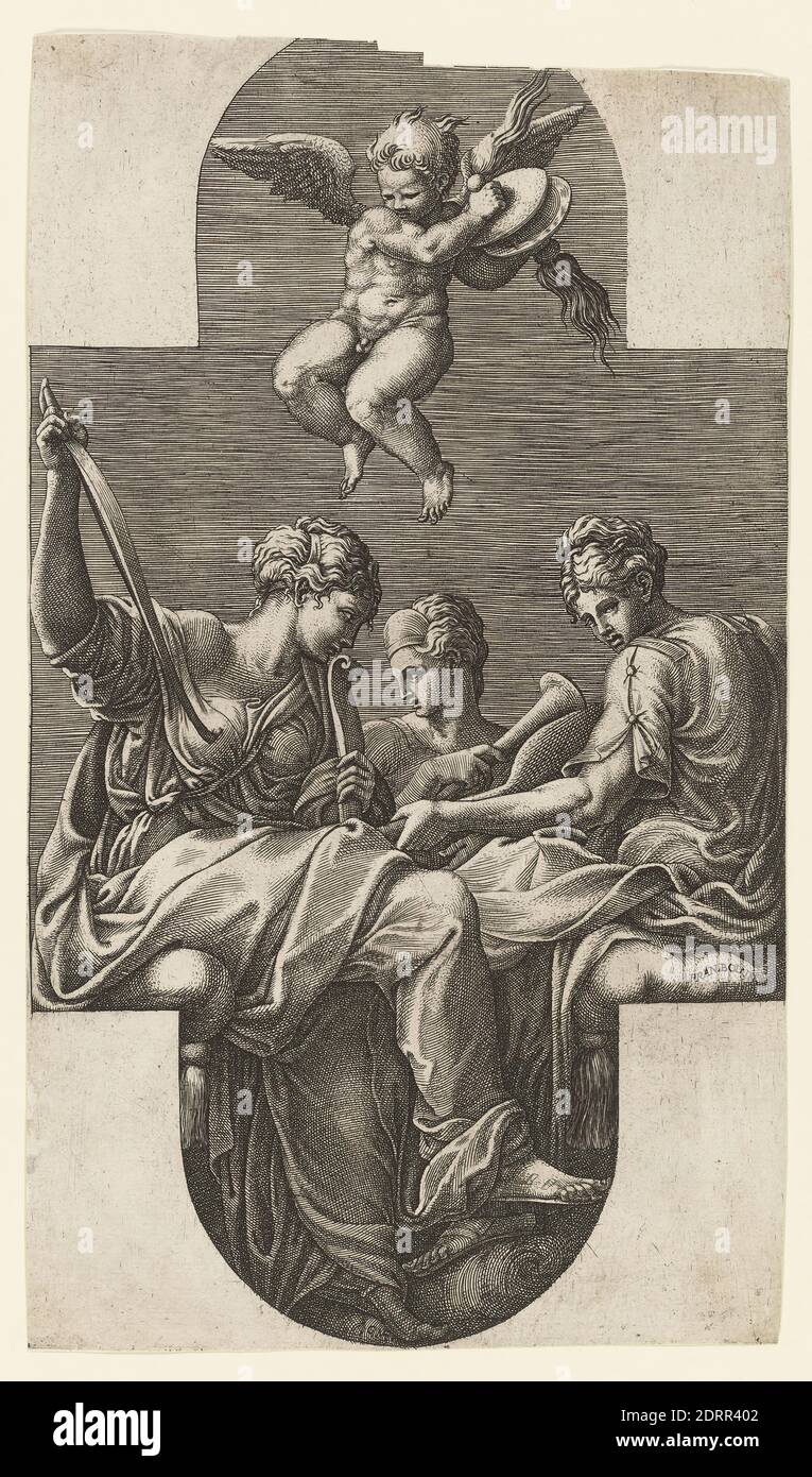 Engraver: Giorgio Ghisi, Italian, 1520–1582, After: Francesco Primaticcio, Italian, 1504–1570, Three Muses and a Putto with Cymbals, Engraving, platemark: 29 × 16.5 cm (11 7/16 × 6 1/2 in.), Italian, 16th century, Works on Paper - Prints Stock Photo