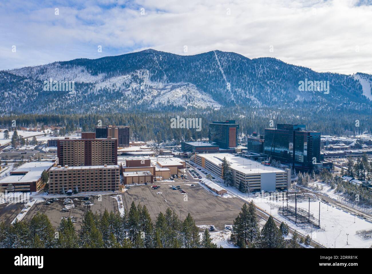 STATELINE, NEVADA, UNITED STATES - Dec 15, 2020: Casinos and Heavenly Mountain Ski Resort dominate the skyline of the adjacent cities of Stateline, Ne Stock Photo