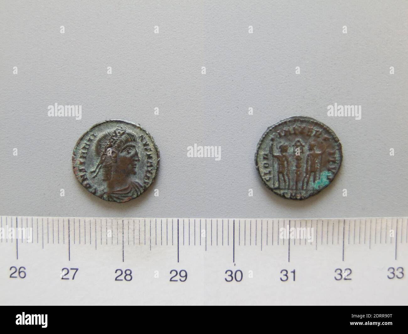 Ruler: Constantine I, Emperor of Rome, A.D. 285–337, ruled A.D. 306–337, Mint: Cyzicus, 1 Nummus of Constantine I, Emperor of Rome from Cyzicus, 335–37, Argentiferous bronze, 1.70 g, 1:00, 16.1 mm, Made in Cyzicus, Mysia, Roman, 4th century, Numismatics Stock Photo