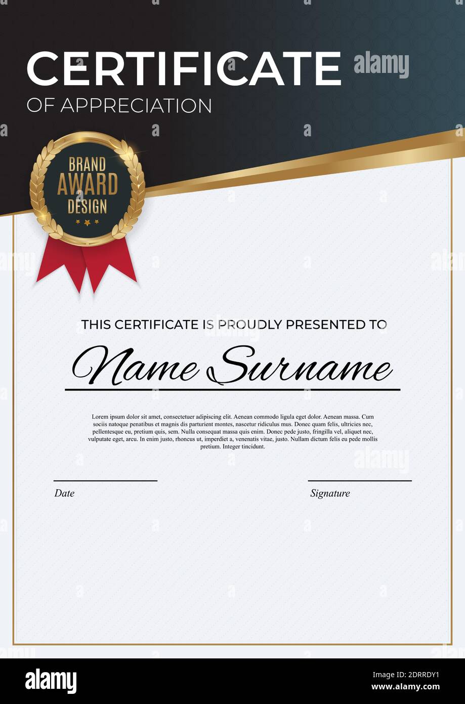 Blue and gold Certificate of achievement template set with gold badge ...