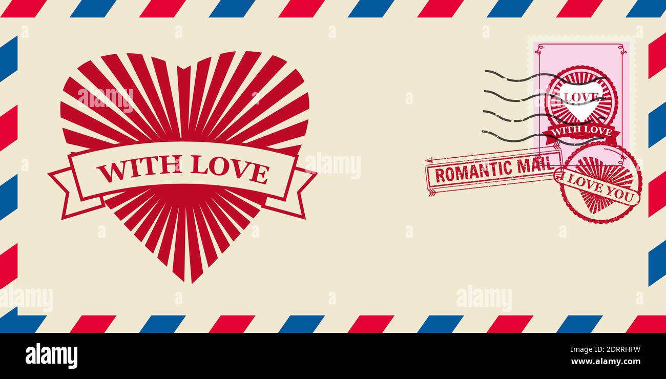 Mail envelope for Valentine day with Hearts Love, post stamp. Template ...
