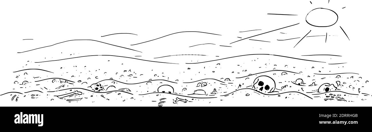 Vector cartoon drawing or illustration of abandoned desert landscape with bones and skulls. Concept of famine, epidemic, end of civilization or human extinction. Stock Vector