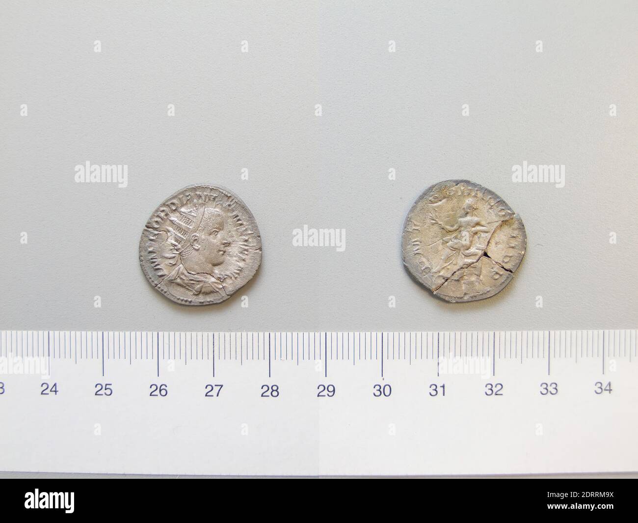 Ruler: Gordian III, Emperor of Rome, 225–244, ruled 238–44, Mint: Rome, Antoninianus of Gordian III, Emperor of Rome from Rome, 241, Silver, 1.54 g, 12:00, 23 mm, Made in Rome, Italy, Roman, 3rd century, Numismatics Stock Photo