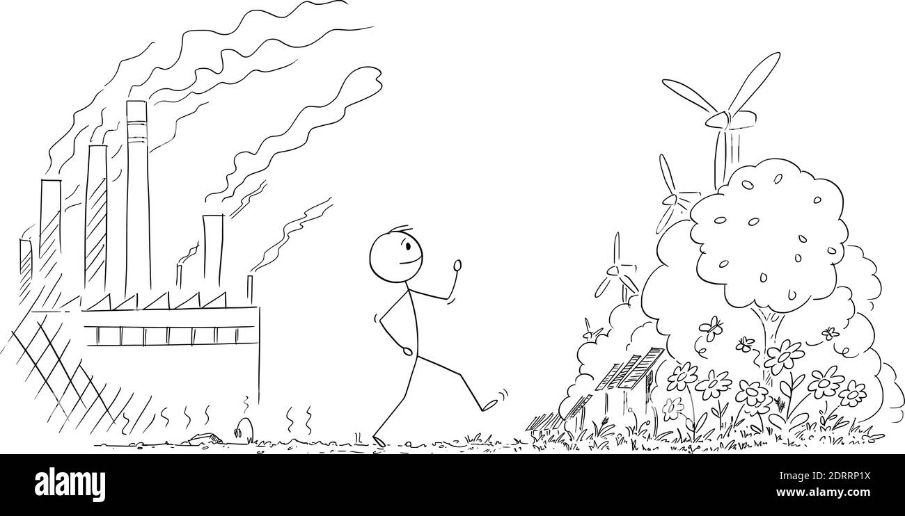 Vector cartoon stick figure illustration of man walking from place with nature destroyed by pollution from heavy industry and coal plants, to nice future of renewable resources of energy. Stock Vector