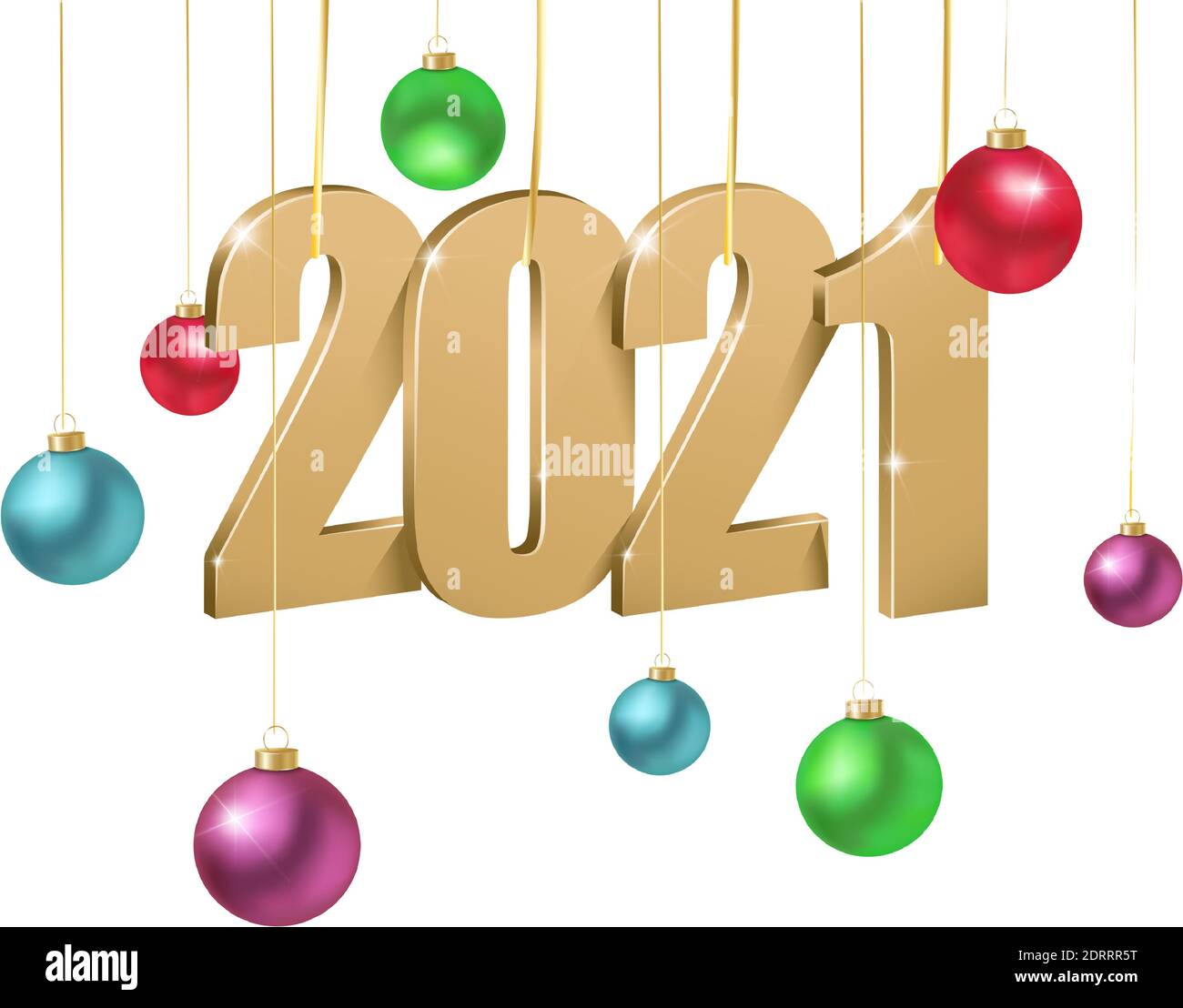 3d realistic vector golden 2021 happy new year letters with Christmas decorations colorful balls. Isolated on white background. Stock Vector