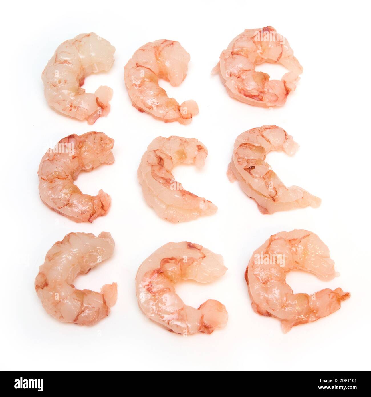 Argentinian raw peeled red shrimp isolated on a white studio background. Stock Photo