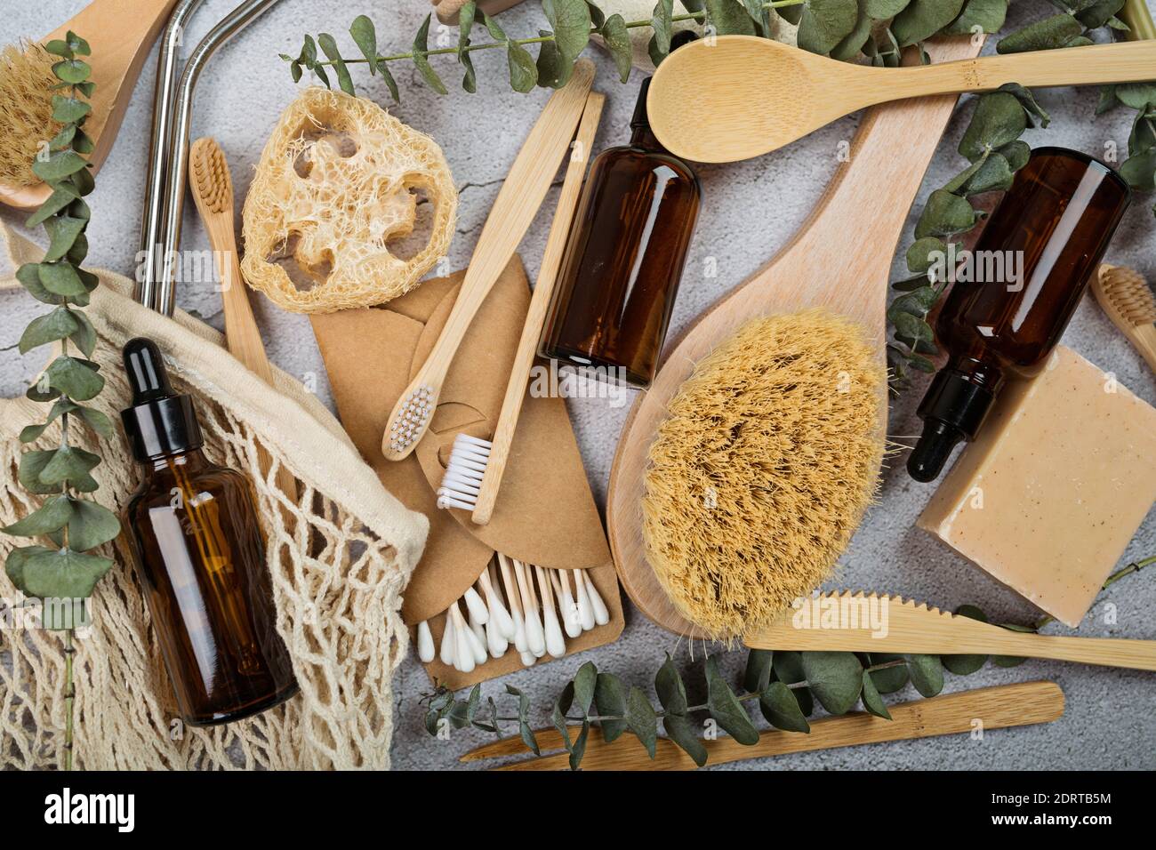 Set of Eco friendly products on gray concrete background. Sustainable ...