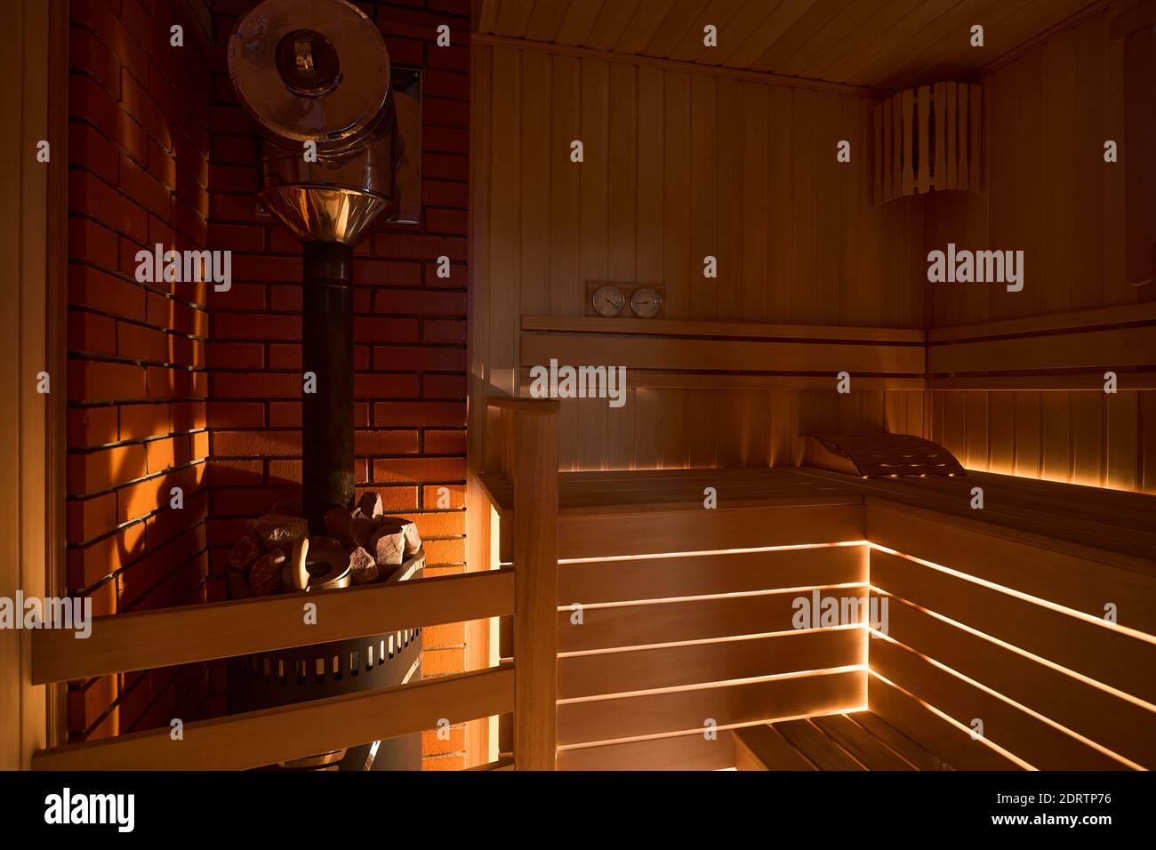 Russian sauna bathhouse with muted intimate light from under the bottom