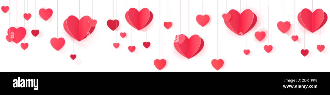 Seamless web banner of hanging paper hearts for website header decor ...