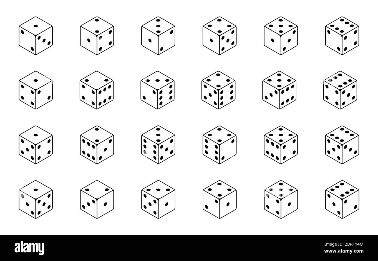 Set of isometric dice combination. Poker gambling cubes for casino isolated black and white vector illustration. Stock Vector