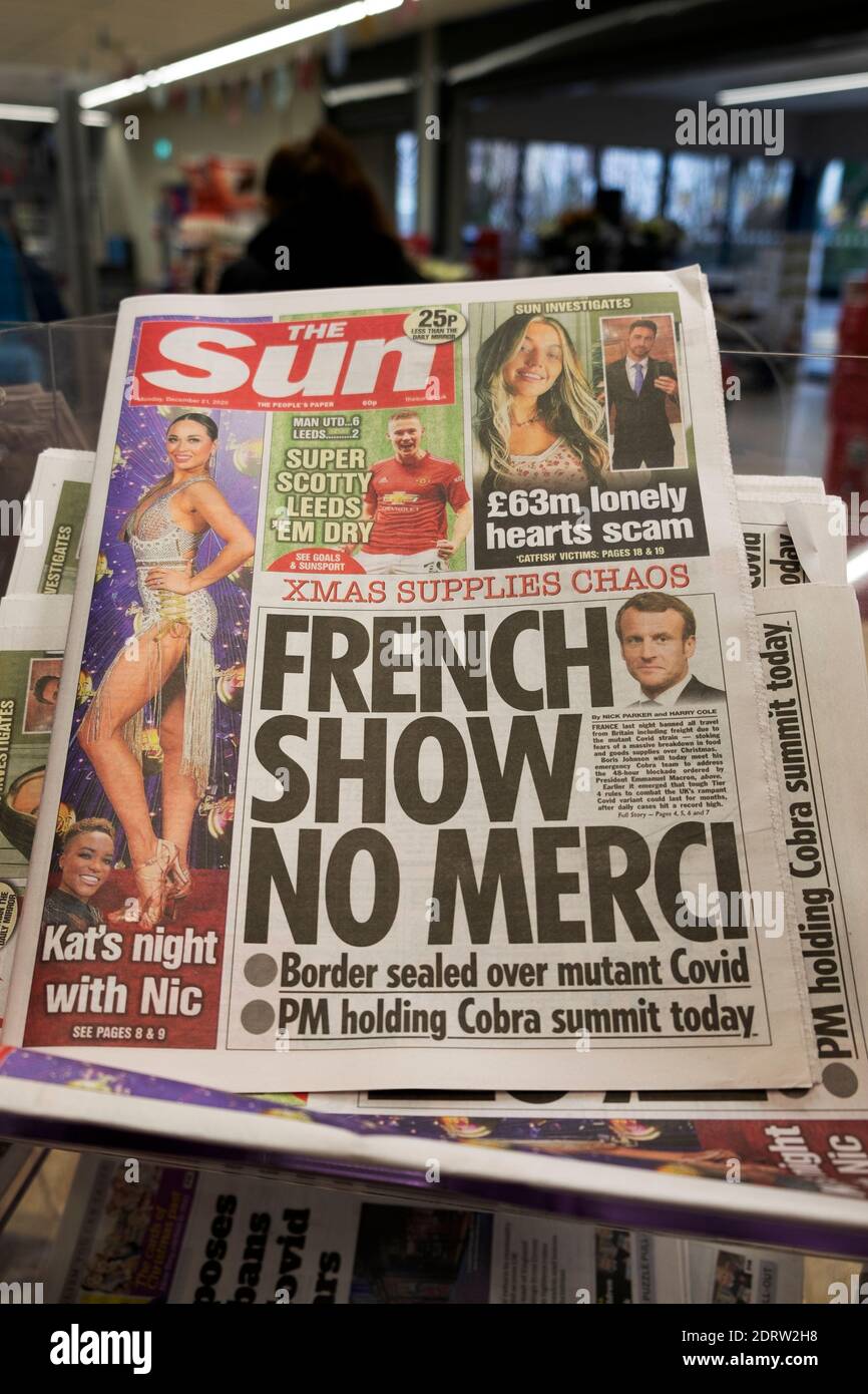 The Sun tabloid newspaper front page headline on 31 December 2020 'French Show No Merci' in response to border closing and covid 19 variant London UK Stock Photo