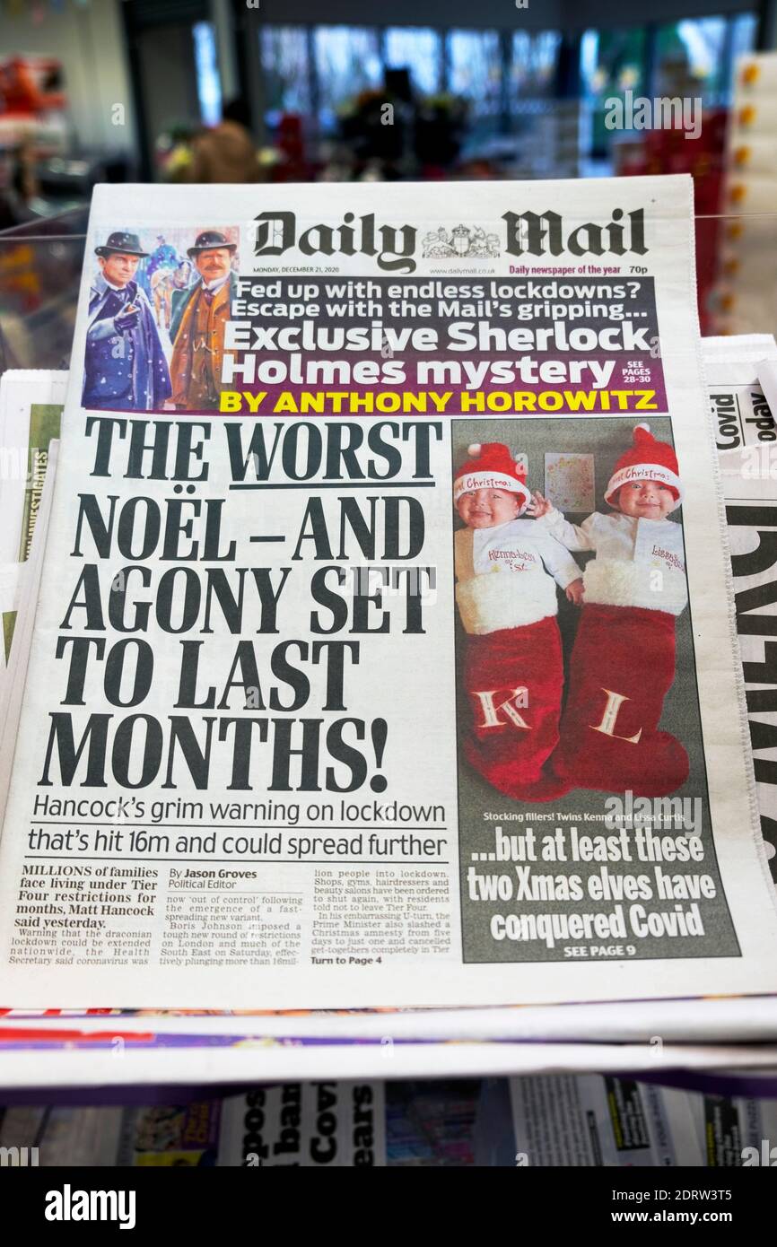 Daily Mail newspaper headline on 21 December 2020 'The Worst Noël - And Set to Last Months!' Covid-19 variant mutation London England UK Great Britain Stock Photo