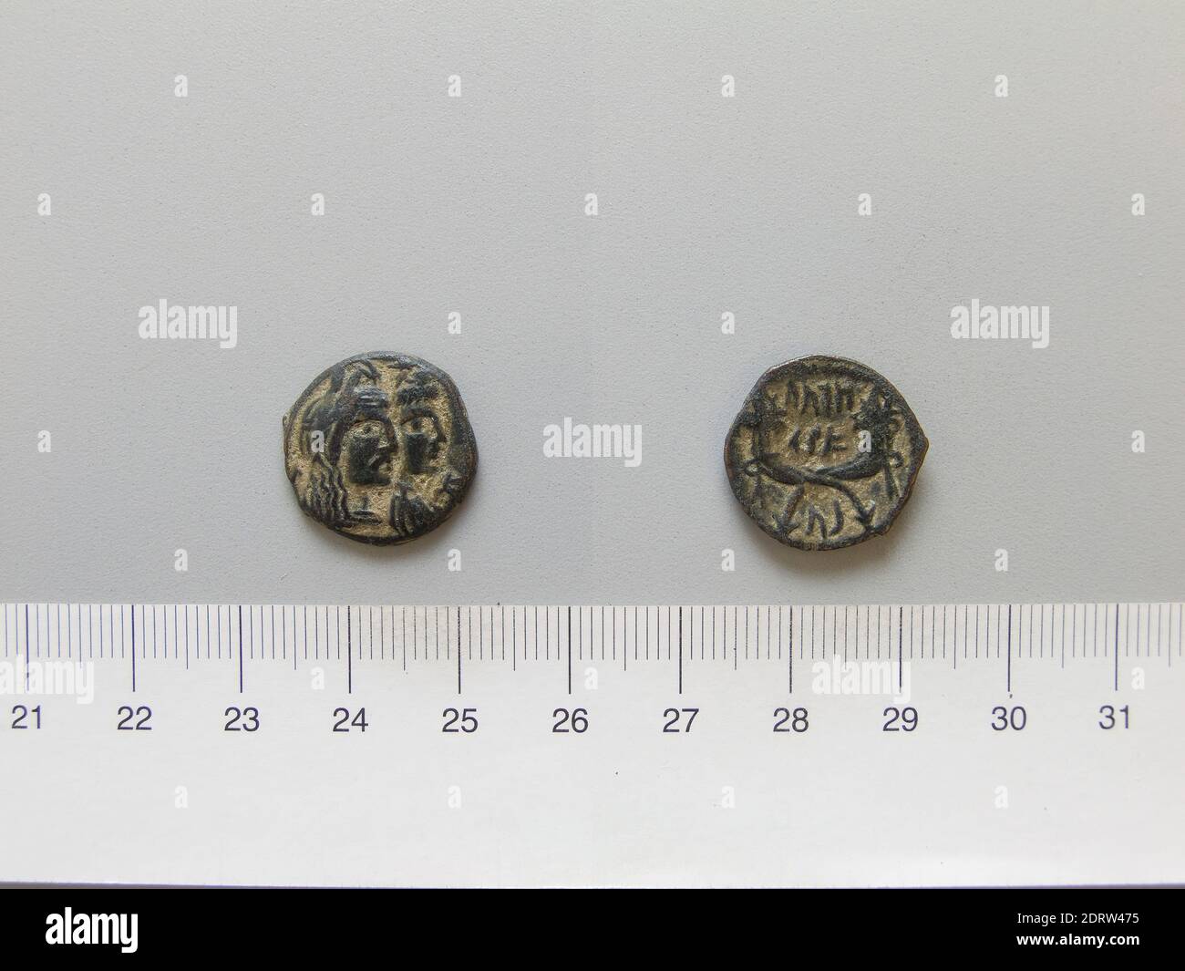 Ruler: Aretas IV (Philopatris), 9 B.C.-A.D. 40, Mint: Petra, Honorand: Shaqilath, Coin of Aretas IV (Philopatris) from Petra, 9 B.C.–A.D. 40, Copper, 3.57 g, 12:00, 17.5 mm, Made in Petra, Nabatean, 1st century B.C.–1st century A.D., Numismatics Stock Photo