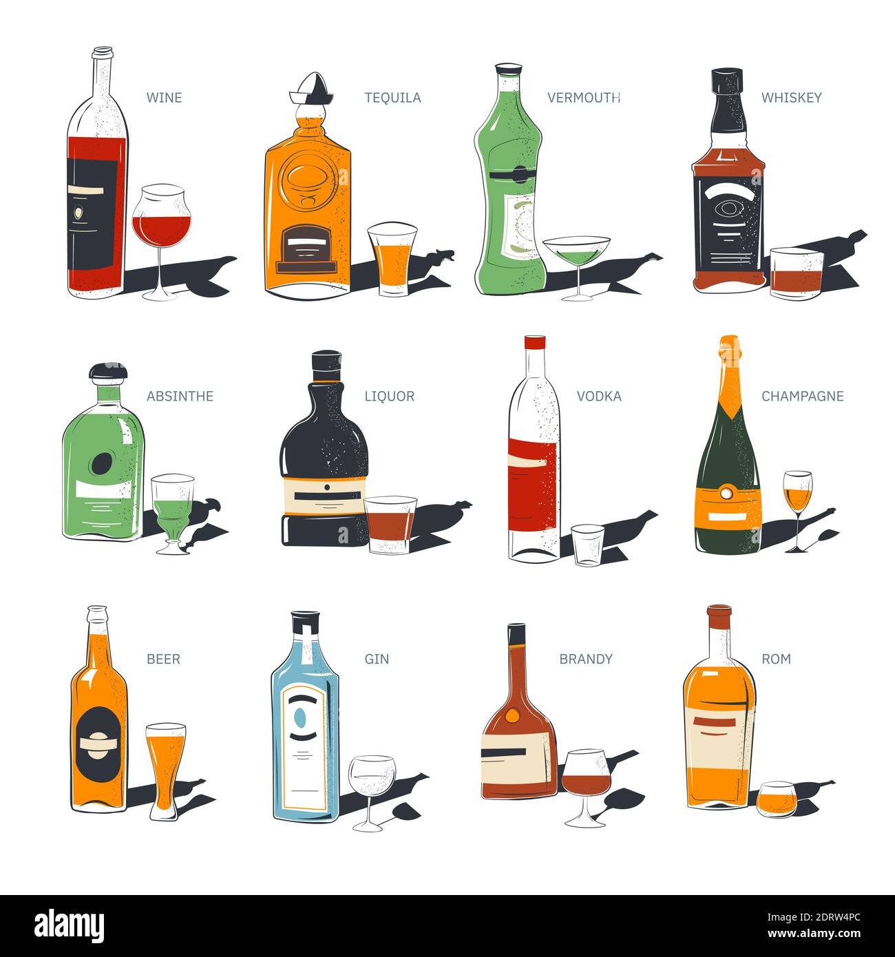 Alcoholic beverages, bottles and glasses shots Stock Vector