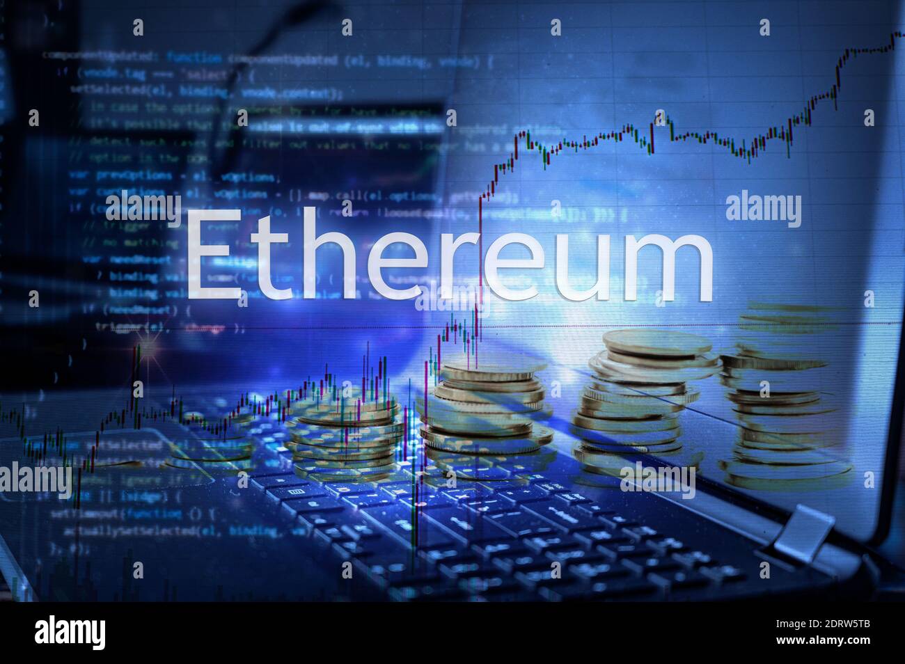 Ethereum inscription against laptop and code background.  Cryptocurrency concept. Stock Photo