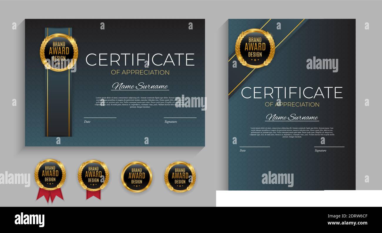 Blue and gold Certificate of achievement template set with gold badge ...