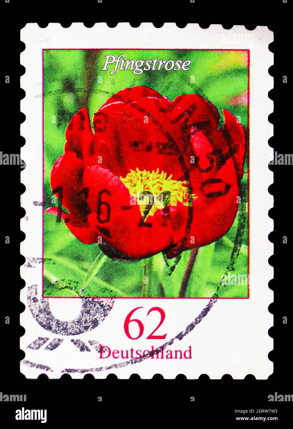MOSCOW, RUSSIA - FEBRUARY 10, 2019: A stamp printed in Germany, Federal Republic, shows Paeonia sp. - Peony, Flowers serie, circa 2014 Stock Photo